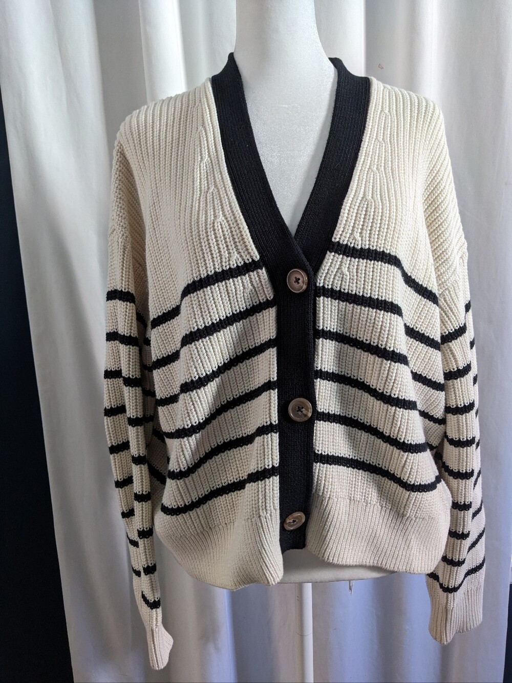 Quince Organic Cotton Fisherman Boxy Cropped Cardigan Black White Striped Small